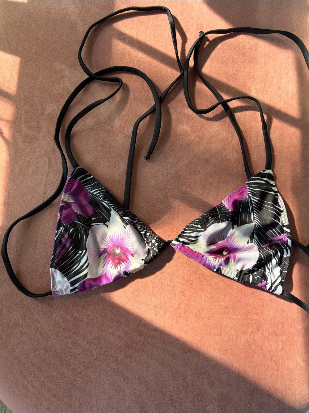 Floral Triangle Bikini Top in Black & Purple